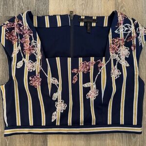 BCBGMaxAzria Navy and Yllow Striped Floral Crop Top